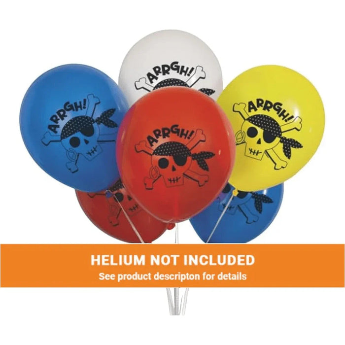 Five colorful latex balloons in blue, red, white, and yellow featuring pirate skull designs with "Arrgh!" text, with an orange banner stating helium not included.