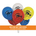 Five colorful latex balloons in blue, red, white, and yellow featuring pirate skull designs with "Arrgh!" text, with an orange banner stating helium not included.