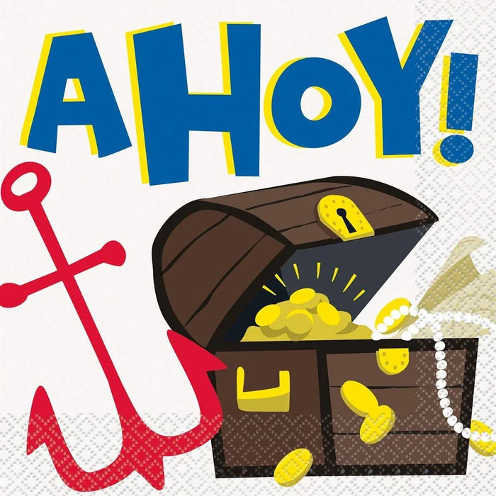 Pirate-themed lunch napkins featuring "AHOY!" text in blue and yellow, a brown treasure chest overflowing with gold coins, a red anchor, and pearl necklace on a white background.