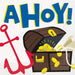 Pirate-themed lunch napkins featuring "AHOY!" text in blue and yellow, a brown treasure chest overflowing with gold coins, a red anchor, and pearl necklace on a white background.