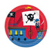 Red and blue circular paper dessert plates featuring a pirate ship design with a skull and crossbones flag, cartoon pirate character, steering wheel, and anchor illustration.