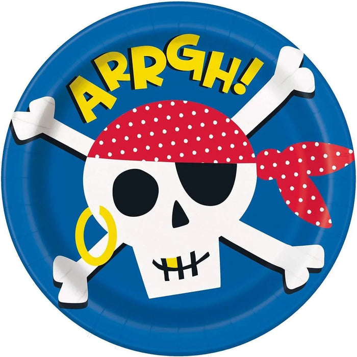 Blue paper plate featuring a cartoon pirate skull with red bandana, white crossbones, eye patch, gold hoop earring, and yellow "ARRGH!" text at the top.