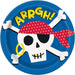 Blue paper plate featuring a cartoon pirate skull with red bandana, white crossbones, eye patch, gold hoop earring, and yellow "ARRGH!" text at the top.
