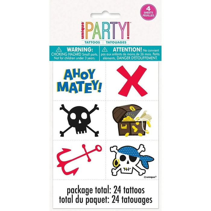 Unique Party pirate-themed tattoo sheet package with 4 sheets containing 24 total tattoos featuring skull and crossbones, treasure chest, anchor, pirate skull with eye patch, and "Ahoy Matey" text designs in red, blue, black, and yellow colors.