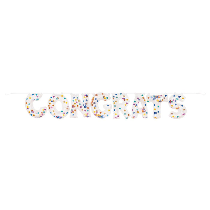 White letter balloons spelling "CONGRATS" filled with multicolored confetti dots arranged horizontally against a white background.