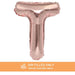 Rose gold metallic mylar letter T balloon with air-filled construction and ruffled edges at the top.