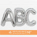 Three silver metallic foil letter balloons spelling "ABC" displayed against a white brick background, with text below indicating 16-inch size and air-fill only.
