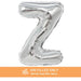 Silver metallic mylar balloon shaped like the letter Z with an orange banner below stating "Air-Filled Only Will Not Float With Helium.