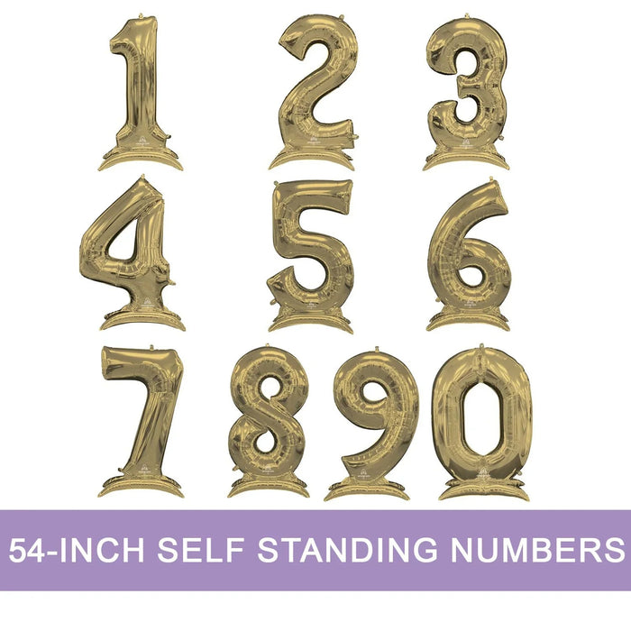 Gold foil self-standing number balloons from 0 to 9 displayed in a grid layout, each approximately 54 inches tall with a pedestal base and reflective metallic finish.