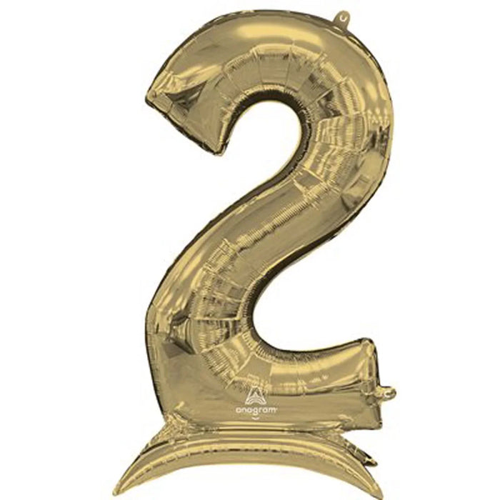 Gold foil number 2 balloon with a self-standing base, featuring a shiny metallic finish and curved numerals.