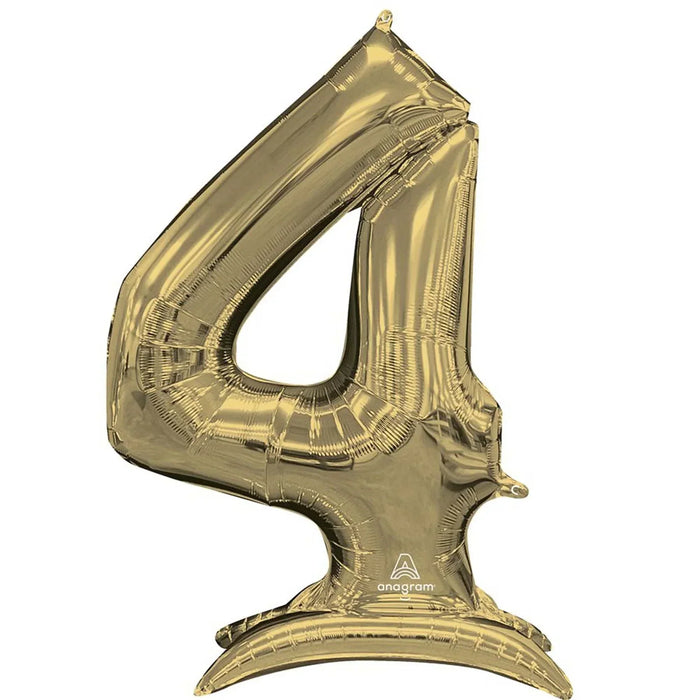Gold foil number 4 balloon with a self-standing base and reflective metallic surface.