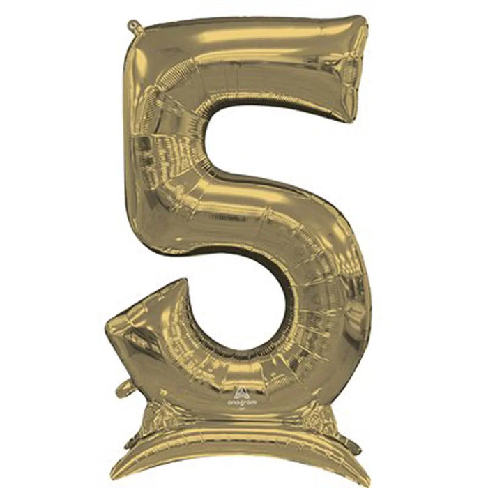 Gold foil number 5 balloon with a shiny metallic finish and self-standing base designed for celebrations and parties.