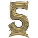 Gold foil number 5 balloon with a shiny metallic finish and self-standing base designed for celebrations and parties.