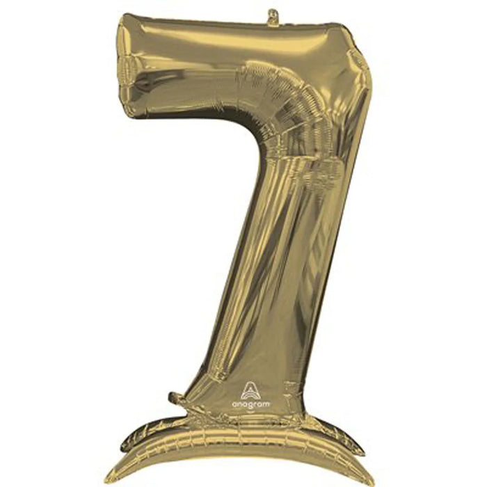 Gold foil number 7 balloon with a shiny metallic finish and self-standing base.