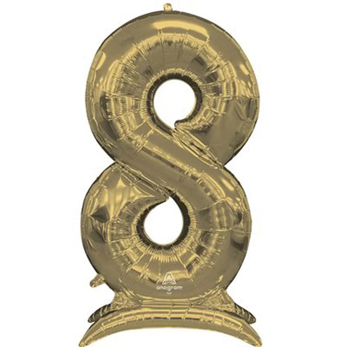Gold foil number 8 balloon with self-standing base and metallic textured surface.
