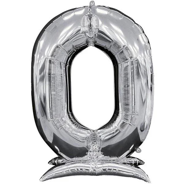 Silver foil number zero balloon with a self-standing base stand, featuring a metallic finish and tall rectangular shape.