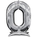 Silver foil number zero balloon with a self-standing base stand, featuring a metallic finish and tall rectangular shape.