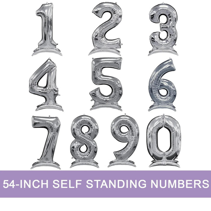 Silver foil self-standing number balloons in 54-inch size, displaying digits 0 through 9 with reflective metallic finish and built-in bases for upright display.