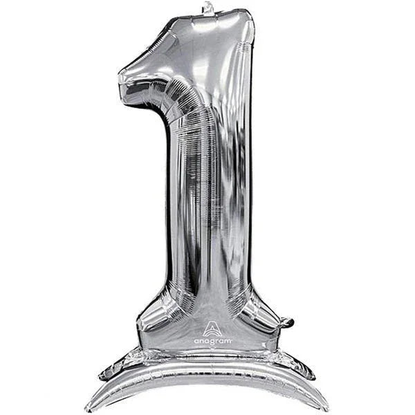 Silver metallic number one balloon with a self-standing base, featuring vertical ribbed texture and a shiny finish.