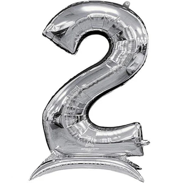 Silver metallic number 2 balloon with a self-standing base, featuring a shiny reflective surface and curved shape.