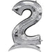 Silver metallic number 2 balloon with a self-standing base, featuring a shiny reflective surface and curved shape.