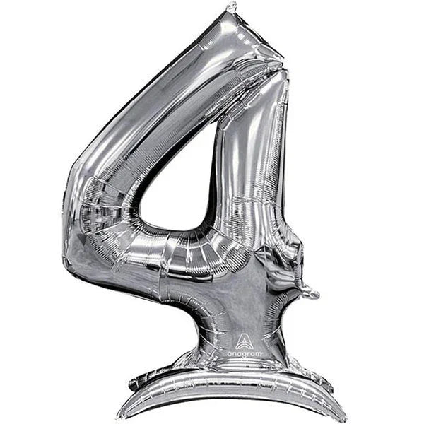 Silver metallic number 4 foil balloon with a curved shape and a self-standing base, shown against a white background.