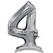 Silver metallic number 4 foil balloon with a curved shape and a self-standing base, shown against a white background.