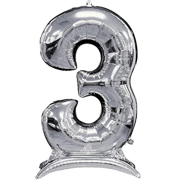 Silver metallic number 3 balloon with a shiny finish and clear base stand for self-supporting display.