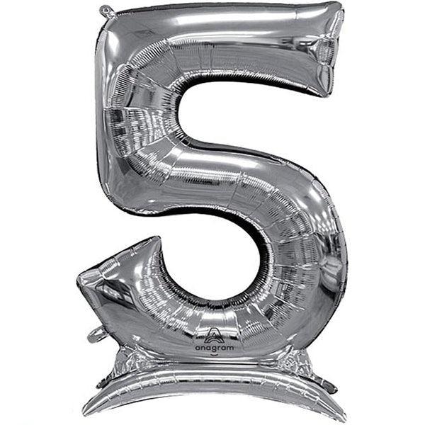 Silver foil number 5 balloon with self-standing base, approximately 54 inches tall.