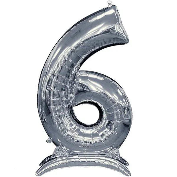 Silver inflatable number 6 balloon with a shiny metallic finish and self-standing base foot, displayed against a white background.