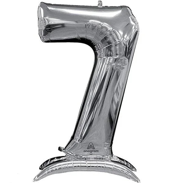 Silver metallic number 7 balloon with self-standing base, approximately 54 inches tall, made of air-filled foil material.