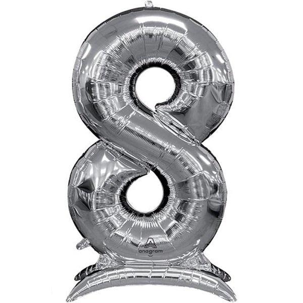 Silver metallic number 8 foil balloon with self-standing base stand, approximately 54 inches tall.