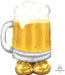 Oversized foil balloon shaped like a full beer mug with golden beer, white foam head, and gold balloon weights attached to the bottom.