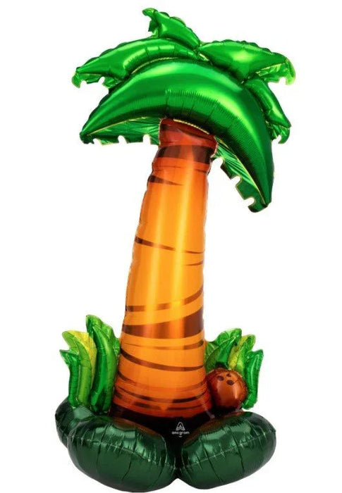 Tall green mylar balloon shaped like a palm tree with curved fronds at the top, brown trunk, and green base with decorative fruit details, designed for standing display.