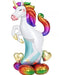White unicorn-shaped foil balloon with a rainbow gradient mane and tail, gold horn and hooves, pink nose, and turquoise legs, displayed standing upright with colorful heart and egg-shaped balloons at its base.