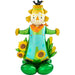Cheerful scarecrow-shaped foil balloon with yellow straw hair, triangular orange nose, rosy cheeks, turquoise overalls decorated with sunflowers, orange neckerchief, outstretched green arms with yellow mittens, and green base stand with a small black bird perched on top.
