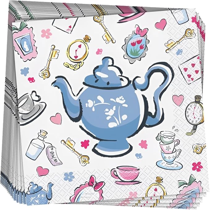 Stack of 16 white paper napkins with blue teapot center design surrounded by pink hearts, flowers, gold keys, pocket watches, and tea-themed illustrations.