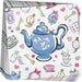 Stack of 16 white paper napkins with blue teapot center design surrounded by pink hearts, flowers, gold keys, pocket watches, and tea-themed illustrations.