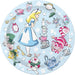 Light blue circular paper plates featuring Alice in Wonderland characters and teacup designs, set of 8 plates.