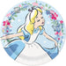Round paper plate featuring Alice in Wonderland illustration with blonde hair, blue dress, and white apron, surrounded by colorful flowers and tea party motifs on a light blue background.