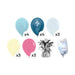 Alice in Wonderland-inspired product kit image showing 4 light blue latex balloons, 4 metallic steel blue latex balloons, 3 white latex balloons, 3 pale yellow latex balloons, 3 light pink latex balloons, a matching balloon weight, and a balloon transport bag.