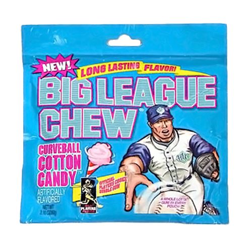 Big League Chew Cotton Candy Bubble Gum: shredded bubble gum, pink and blue in color. Individually wrapped, 2.12 oz size.