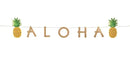 Tan burlap banner spelling "ALOHA" strung between two yellow pineapples with green leaves on a white background.
