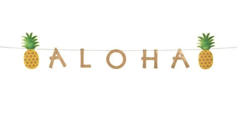 Tan burlap banner spelling "ALOHA" strung between two yellow pineapples with green leaves on a white background.