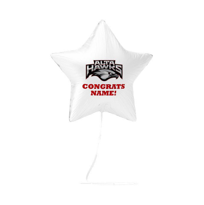 White star-shaped foil balloon with the Alta Hawks logo and red text reading "CONGRATS NAME!" printed on the front.