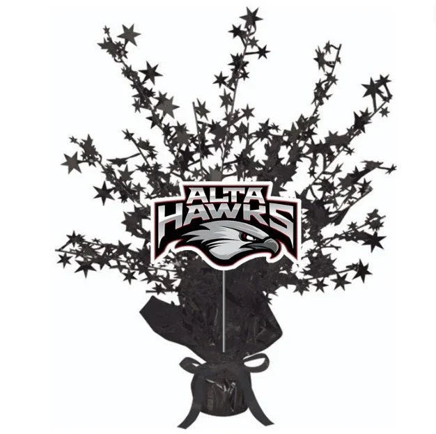 Black silhouette centerpiece spray featuring the Alta Hawks logo with stars bursting upward from a wrapped base, standing 14 inches tall.