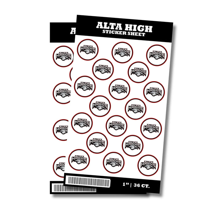 Sheet of 36 circular stickers featuring the Alta Hawks logo with maroon borders, sized one inch each.