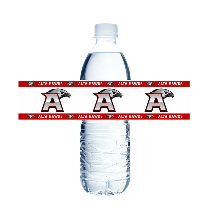 Two plastic water bottles wrapped with red bands featuring "ALTA HAWKS" text and hawk logo designs repeated across the label.