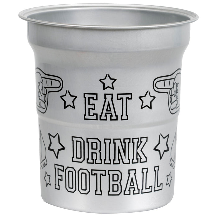 Clear plastic cup printed with "EAT DRINK FOOTBALL" text surrounded by stars and football helmet graphics in black outline style.