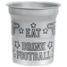 Clear plastic cup printed with "EAT DRINK FOOTBALL" text surrounded by stars and football helmet graphics in black outline style.